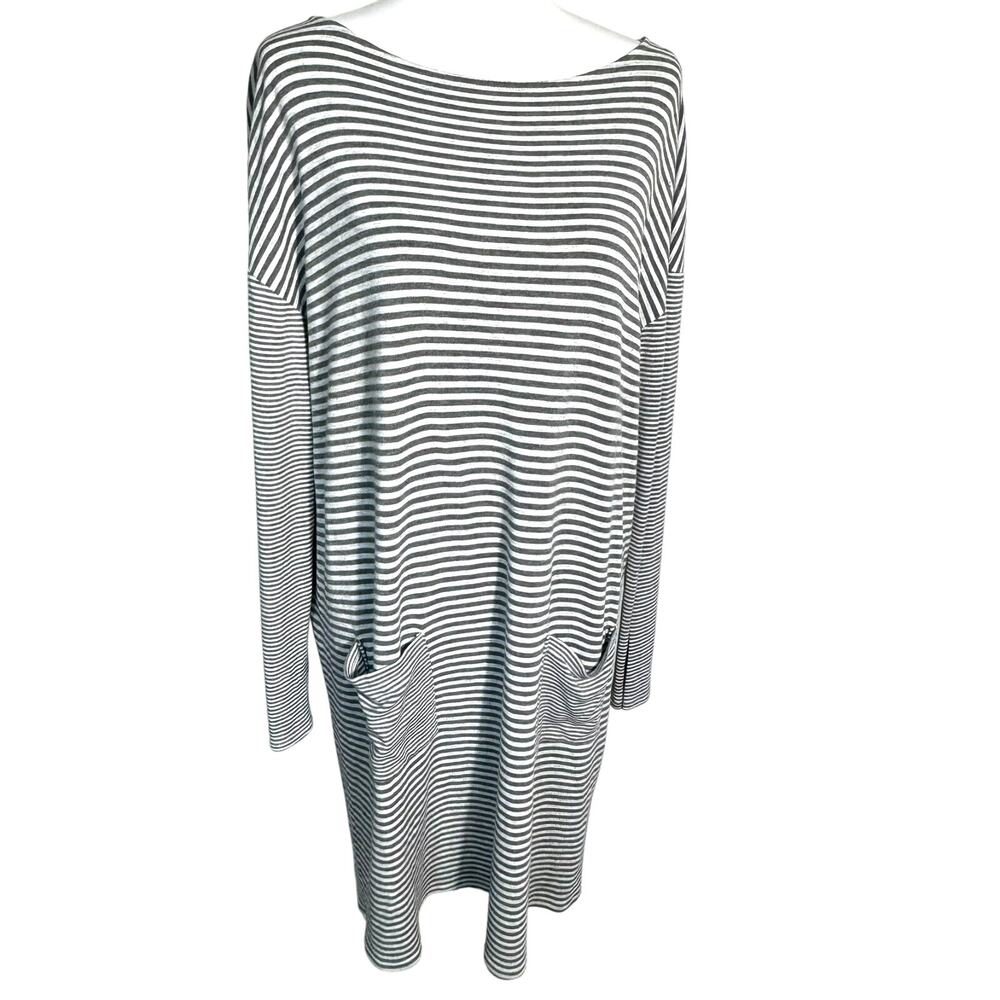 J. JILL Women's Large Gray White Striped Long‎ Sleeve Pocket Front Tunic Dress
